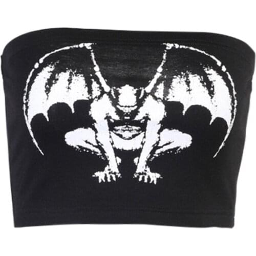 Women Sexy Strapless Crop Tube Top Gothic Punk Demon Devil Print Bandeau Harajuku Wrapped Chest Slim Vest Shirt Clubwear