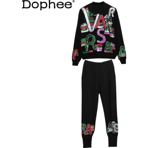 Fashion 2021 Spring and Autumn Womens Sets Sequined Letters Long Sleeve Loose Knitwear Casual Knitted Harem Pants 2 Pieces Set