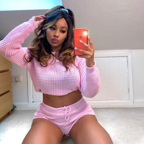 2020 fashion women two pieces suit Knitted Long Sleeve Pullover Top and high waist short hollow out outfit two pieces suit