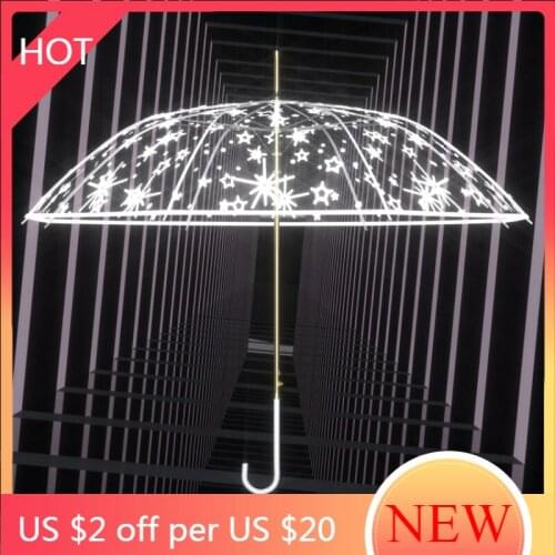 Women Rain Umbrella Straight Transparent Clear Reflective Umbrella Antiwind Curved Handle Sombrinha Caravan Accessories AG50YS