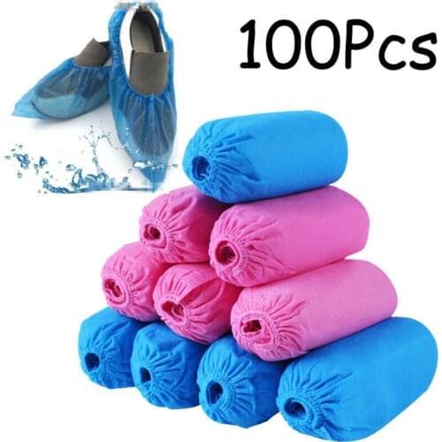 100pcs Thicken Disposable Elastic Shoe Cover Home Indoor Antiskid Overshoes Student Non-woven Solid Color Dust Proof Feet Cover