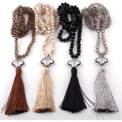 Free Shipping Fashion Bohemian Tribal Jewelry Glass Crystal long Knotted Dia Plum Blossom Crystal Link Tassel Pendant Necklaces