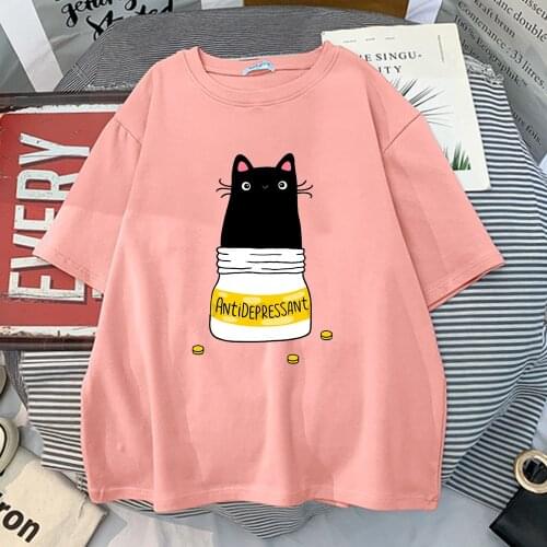 Version Of Black Cat Antidepressant Womens T-Shirt Harajuku INS Fashion T Shirt Korean Style Tops 2021 Summer Women T Shirts