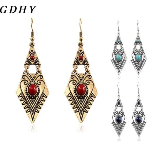 GDHY Bohemia Drop Earrings Rhombus Engraving Pattern Inlaid Color Stone Earrings For Women Geometry Earring Jewelry