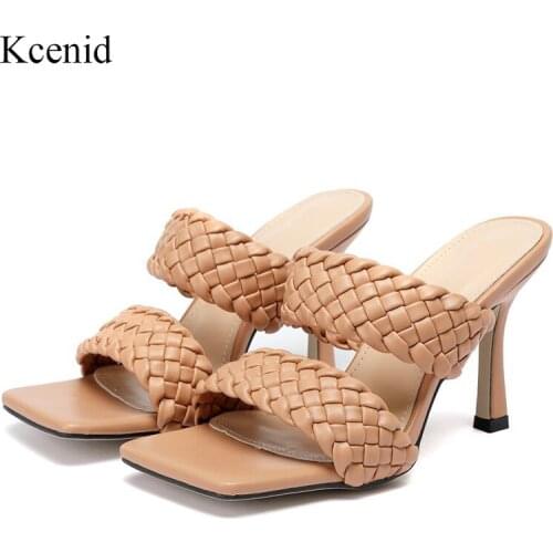 Kcenid Summer womans shoes slippers square toe high quality PU leather sexy high heels gladiator sandals women slides shoes