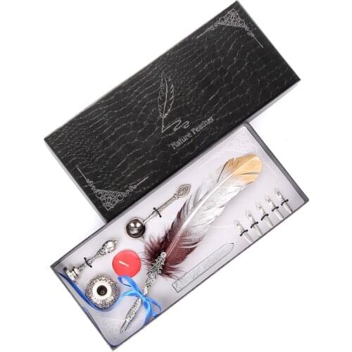 Classic Gradient Color Feather Pen Writing Pen Stationery Gift Box Set Plus Five Replacement Nibs High Quality 1MM Nib