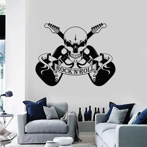 Cool Style Wall Decal Scary Skull Music Rock And Roll Electric Guitar Mural Teens Bedroom Music Studio Decor Vinyl Stickers Q292