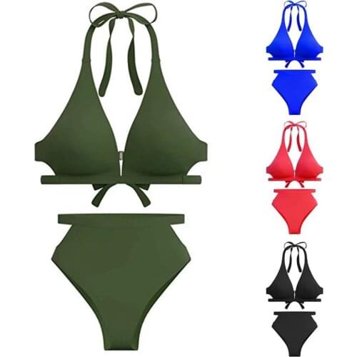 Swimsuit Women 2 Pieces High Waist Skinny Sexy Solid Bandage Split Bikini Backless Brazilian Swimwear Swimsuit Two Piece Suit