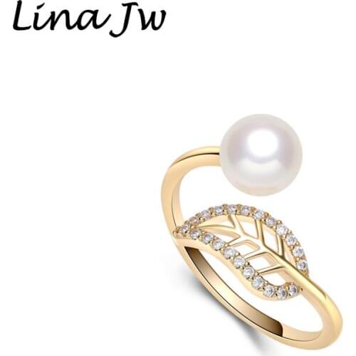 Lina Jw Natural Freshwater Pearl Jewelry Gold Flower Rings for Women Wedding /Party Charm Gift Bague 8mm Accessories