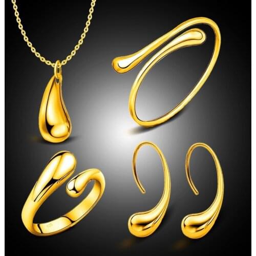 MIQIAO Gold Plated Silver Waterdrop Pendant Collar Necklace Earring Bangle Bracelet Ring Jewelry Sets for Women Wedding Gift Boh