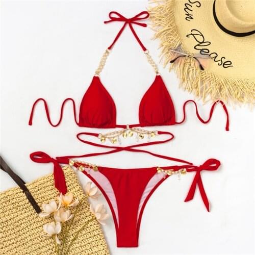 Sexy Pearl Crystal Pendant Gathered Swimwear Women 2Pcs Ladies Beachwear Suit Summer Solid Color For Holiday Vacation