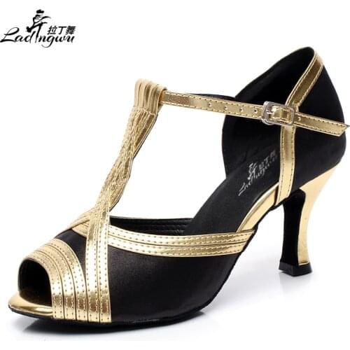 Black Shoes For Women Salsa Dance Latin Samba Tango Dance Shoes Golden PU/Black Satin Womens Dance Shoes Heel 6cm/8.3cm