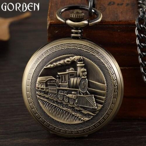 Vintage Bronze Train Front Design Mechanical Pocket Watch Carving Retro Pocket Watch Necklace Pendant FOB Chain Men Women Clock