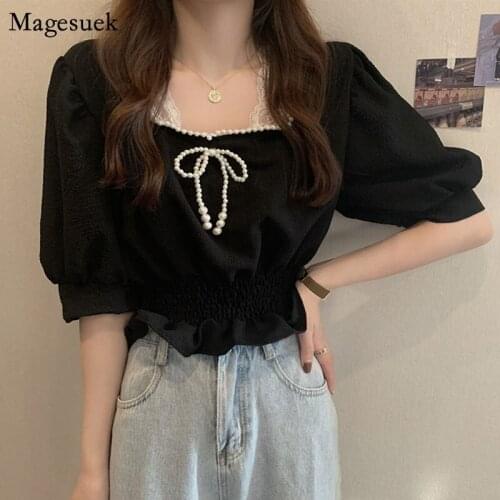 Korean Lace Patchwork Blouse Women Square Collar Puff Sleeve Beading Shirts Vintage White Pearl Cropped Tops Blusas Mujer 15332