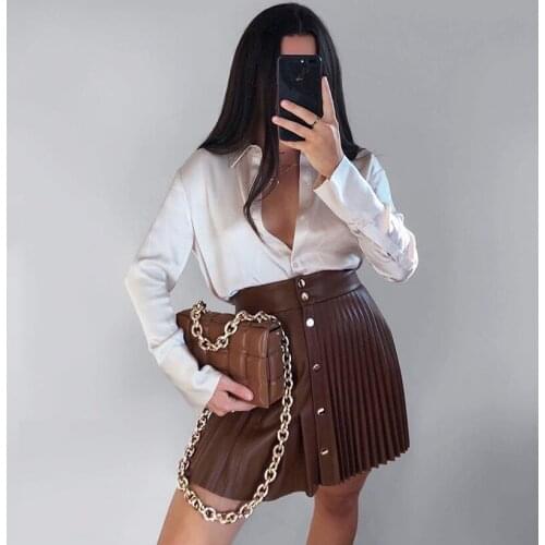 New solid pu leather skirt high waist buttons sexy mini pleated skirt Asymmetrical fashion faldas cortas 2021 women autumn