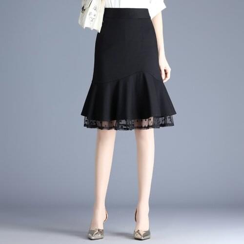Women Fishtail Skirt Splice Mesh Ruffles High Waist Plus Size Casual Slim Elegant Fashion Formal Black Knee-length Skirts 6661
