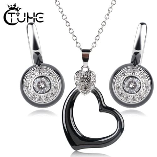 Heart Shape Pendant Necklace Stud Earrings For Women Engagement Fashion Ceramic Jewelry Sets Austrian Crystal Romantic Jewelry