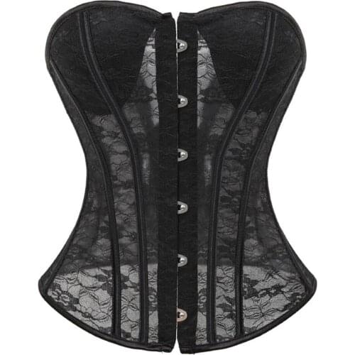 Womens Lace Sexy Translucent With Breast Cup Overbust Corset Waist Cincher Body Shaper Lingerie Bustier Top