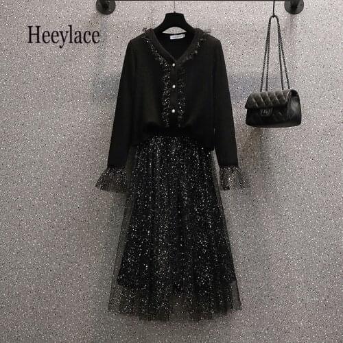 Plus Size Women Sets Korean Casual Long Sleeve Knitted Sweater Top And Sequined Mesh Skirts Two Pieces Sets Autumn 2PCS Suits