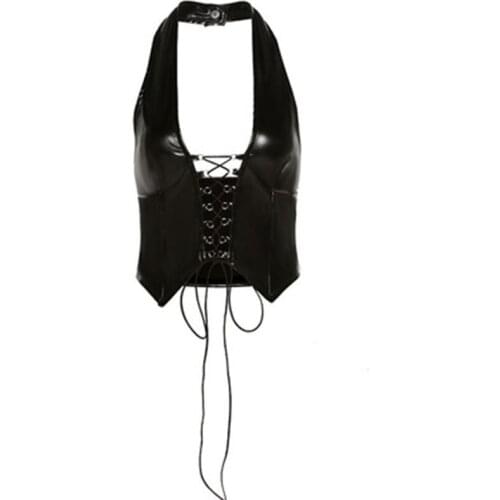 Stylish Leather Halter Croped Crop Tops women Sexy Deep V Lace Up Activity ClubWear Hollow Out Basic Street Tshirt