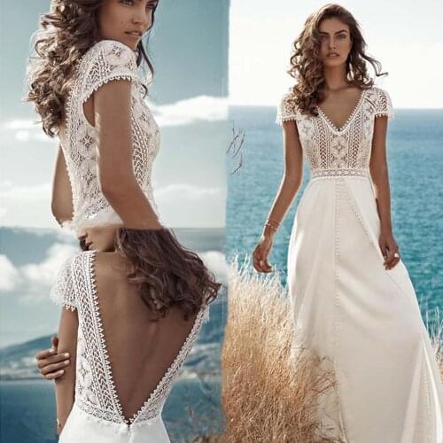2021 Sexy Boho Lace Chiffon Wedding Dress V Neck Backless Beach Bride Dresses Cap Sleeves Long Bohemian Wedding Gown A-Line Robe