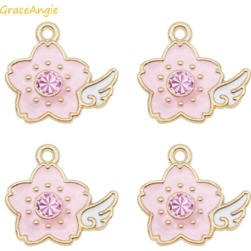 5pcs 10pcs Kawaii Enamel Alloy Golden Base Pink Flower Wing Charms For Necklace Bracelet Pendant DIY Jewelry Findings 19*20mm