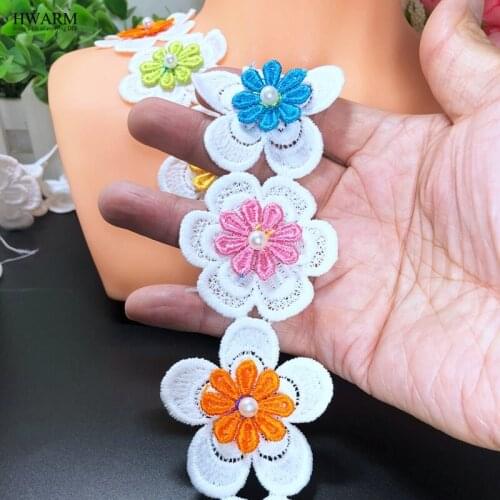 5yard 5cm Pearl Beads Colorful Chrysanthemum Girlhood 3D African Lace Fabric Ribbon DIY Sewing Trim Wedding Decoration Christmas