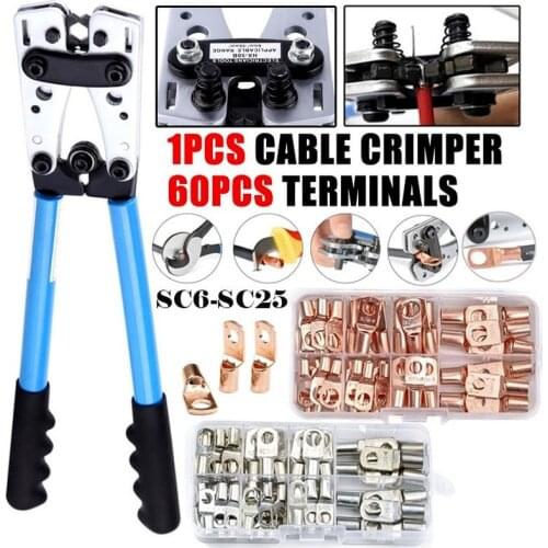 60PCS Gold/Silver SC Copper Ring Lug Crimp Terminals with Multifunctional HX-50B Cable Crimping Tool Crimper Plier