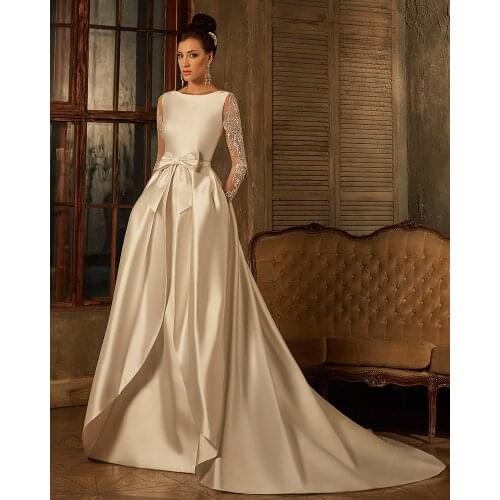 Beading Appliques Long Sleeve France Satin 2 Pieces Mermaid Wedding Dresses With Bow Detachable Train Vestido De Casamento