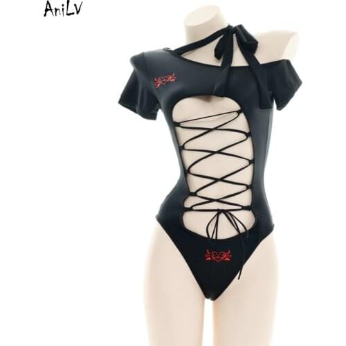 AniLV Black One-shoulder Bodysuit Swimsuit Uniform Costume Anime Girl Chest Cross straps Tight Leotard Swimwear Cosplay Clothes