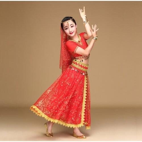 3 colors whole set 7pcs Sari Dancewear Children Belly Dance Costume Set Indian Dance Costumes Bollywood Kids Dresses