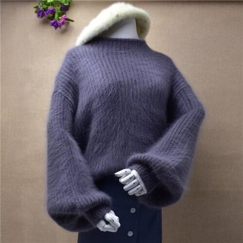 Korean winter women sweater loose o-neck pullovers mink cashemere lantern sleeve angora rabbit fur thick warm knitted sweaters