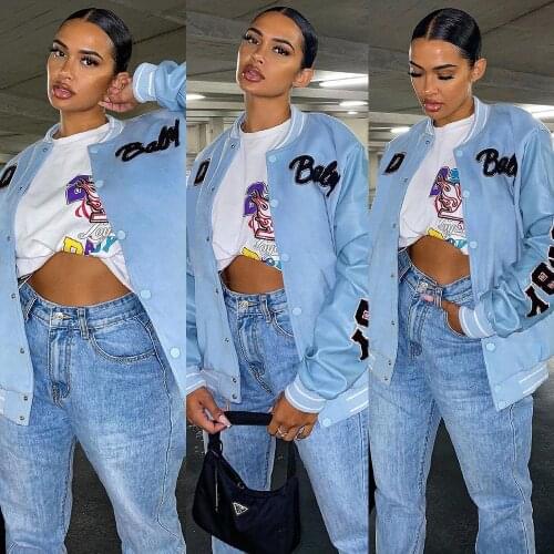 Echoine Autmn Winter Long Sleeve Letter print Jacket Sweatshirt Baseball Hip Hop Blue Bomber Oversize Jacket Coat for Women
