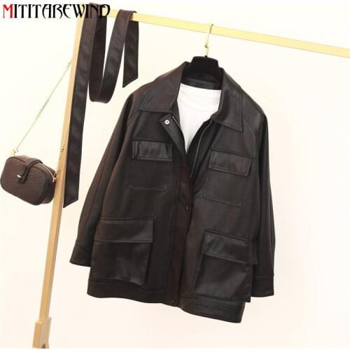 BF Style Retro Loose PU Leather Jacket Women Korean Fashion Mid-length Leather Coat Femme With Belt Motorcycle Jacket Outerwear