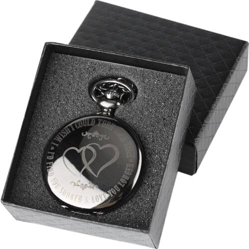 I WISH I COULD TURN BACK TIME Theme Retro Black Smooth Quartz Pocket Watch Engraved LOVE YOU LONGER Watch + 30cm Chain Gifts Box