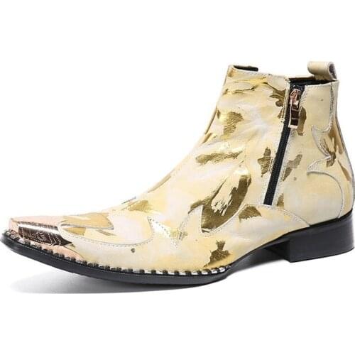 2021Fashion Men metal pointed Dress Boots Luxury Gold printing Party Men Wedding Shoes Genuine Leather zipper cowboy Ankle Boots