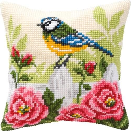 DIY Cross Stitch Cushion Cover Finch Bird Needlepoint Kits Printed Canvas Chunky Yarn Cross-stitch Pillow Case Arts and Crafts