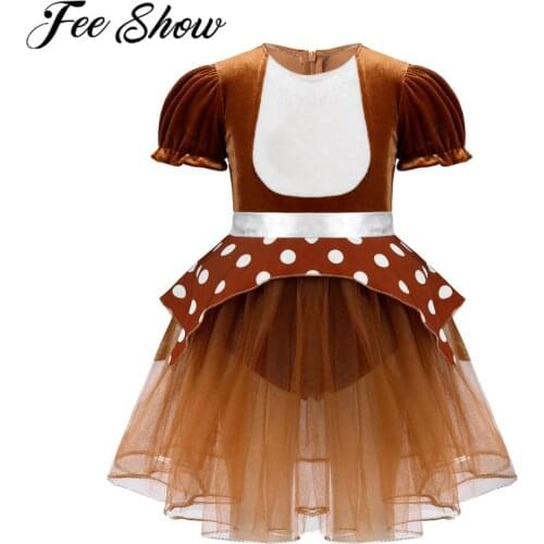 Baby Girls Christmas Dress Elk Costume Dots Printing Short Puff Sleeves Mesh Tutu Romper with Press Button at for Party Dress up