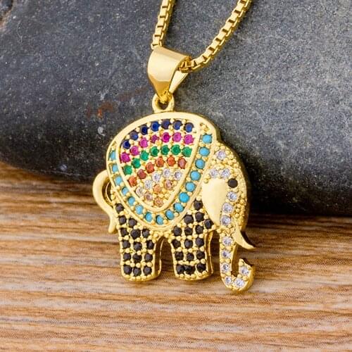 Fashion Rainbow Elephant Necklace Rhinestone Pendants Charm Gold Color Jewelry Long Chain Necklace For Women Birthday Party Gift