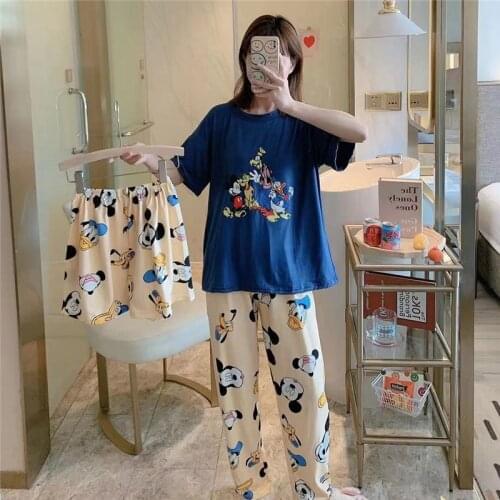 Cartoon Mickey pajamas womens summer short-sleeved trousers shorts cute printing round neck three-piece home service suit
