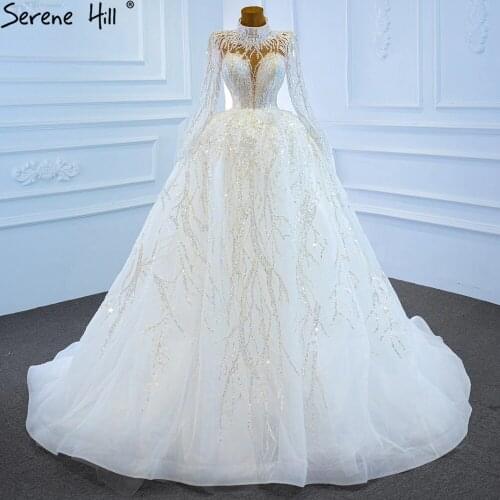Serene Hill Muslim Luxury White Wedding Dresses 2021 Sparkle Beading High-end Lace Up Bridal Dress HM67226