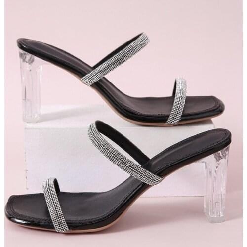 Slippers Women 2021 Summer New Transparent Crystal High Heels Open Toe Rhinestone Fashion Dress Wedding Party Sexy Slides Women