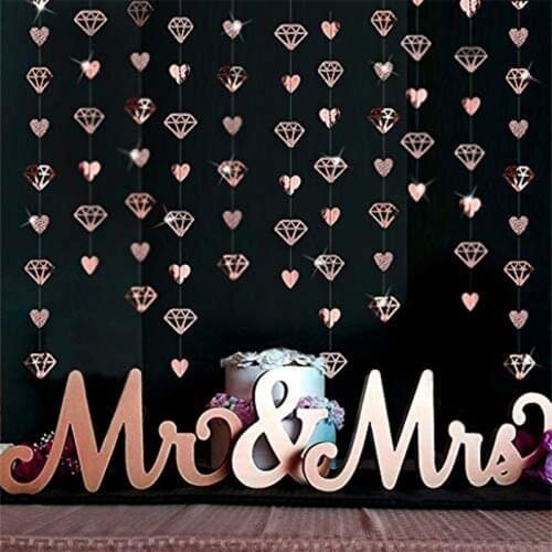 Sweet Wedding Rose Gold Champagne Paper Diamond Heart Garlands Hanging String Chain for Bridal Shower Bachelorette Party Supply
