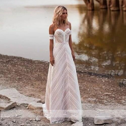 Boho Wedding Dresses 2021 Sweetheart A Line Lace Bohemian Beach Ivory White Bridal Gowns Plus Size Simple Floor Length Customize