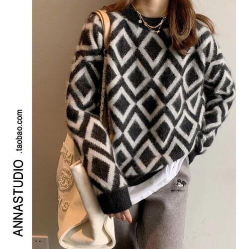 Black Thousand Bird Check Sweater Womens Raccoon Cashmere New Autumn and Winter T-shirt Top Small Crowd Design Feeling Loose to