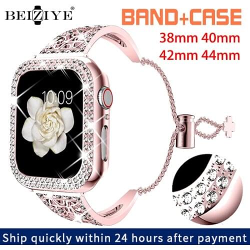 Women Diamond Strap+Bling Protective Case For Apple Watch Band 38mm 40mm 42mm 44mm Metal Bracelet For iWatch Series 6 SE 5 4 3 2
