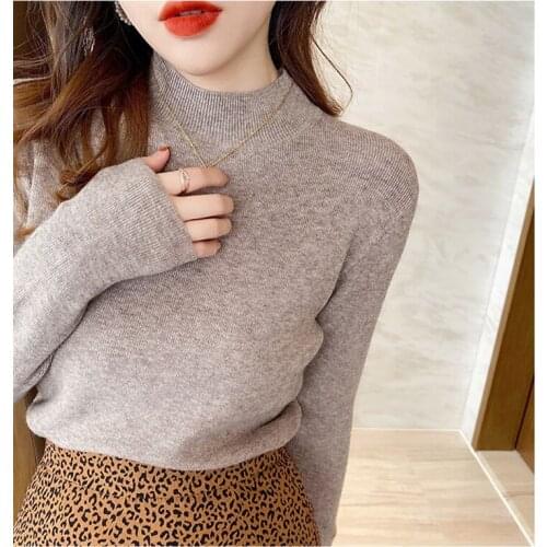Long-sleeved Sweater Knitting Womens 2021 Spring And Autumn Black Half High Neck Bottoming Shirt With Sweater White Slim Top