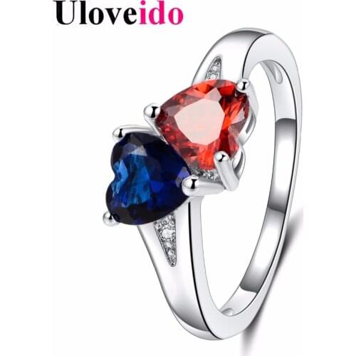 Uloveido Blue and Red Heart Crystal Wedding Rings for Women Engagement Ring with Stones Jewelry Gifts for Women Accessories Y361