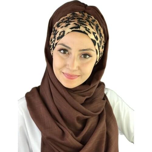 2021New Fashion Hijab Women Muslim Islamic Chiffon Scarf Hat Foulard Leopard Pattern Pleated Dark Brown Ready Made Shawl