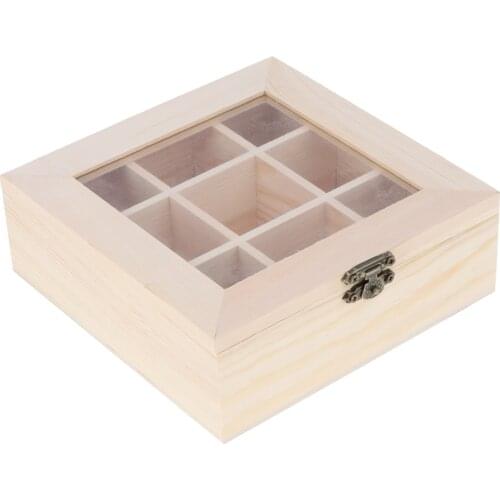 9 Grids Unfinished Wooden Stash Box, Square Wood Jewellery Box Storage Chest Treasure Case for DIY Crafting